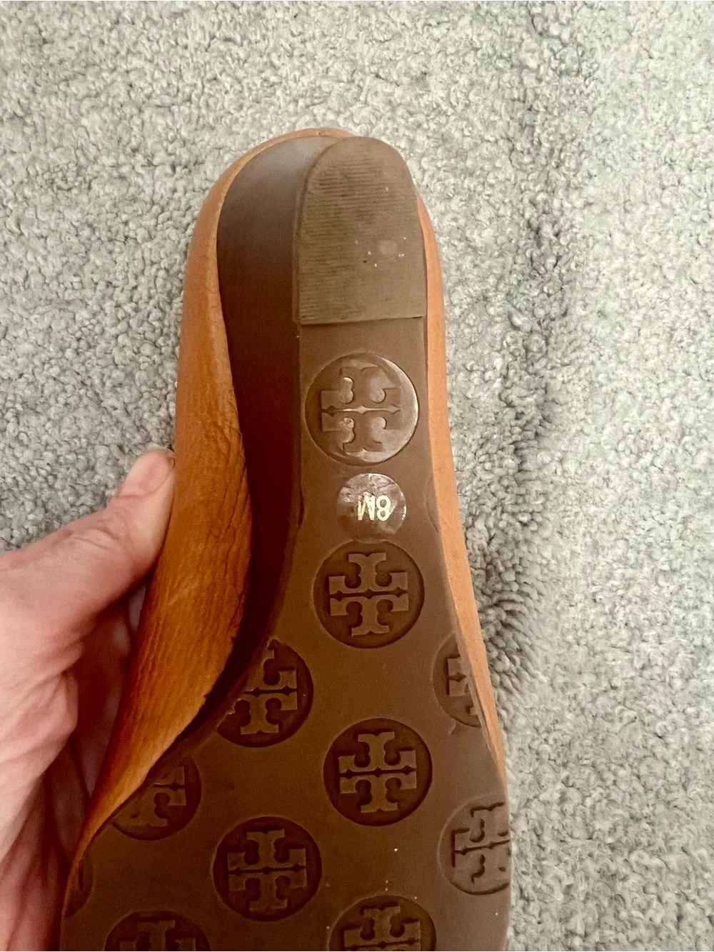 Tory Burch Sally Wedge - Tan Pebbled Leather Gold Logo Medallion- 8M